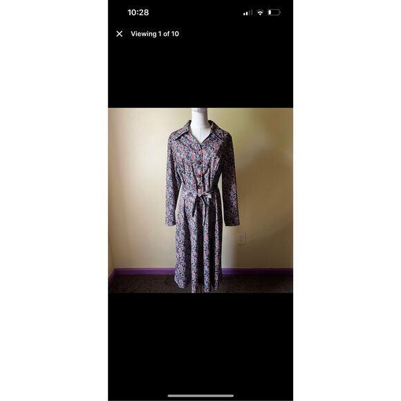 Vintage 70s Long Sleeve Shirt Dress Button Front Tie Waist Size XL‎ Blue Paisley - Picture 9 of 9